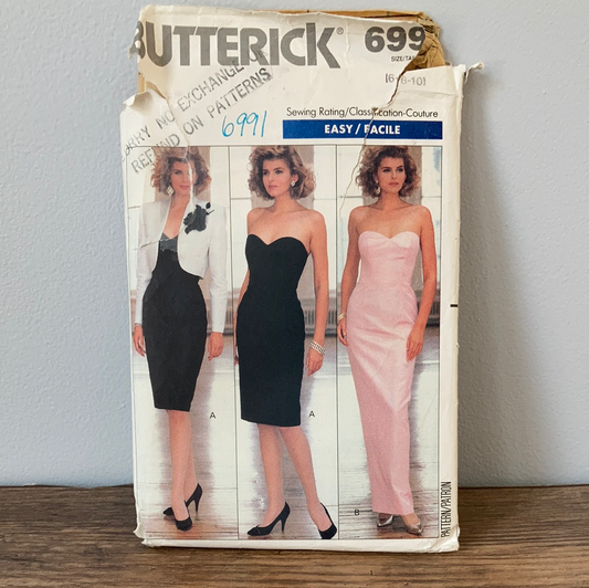 Ladies Strapless Cocktail or Evening Gown and Jacket Vintage Sewing Pattern Size 6 to 10 Butterick 6991