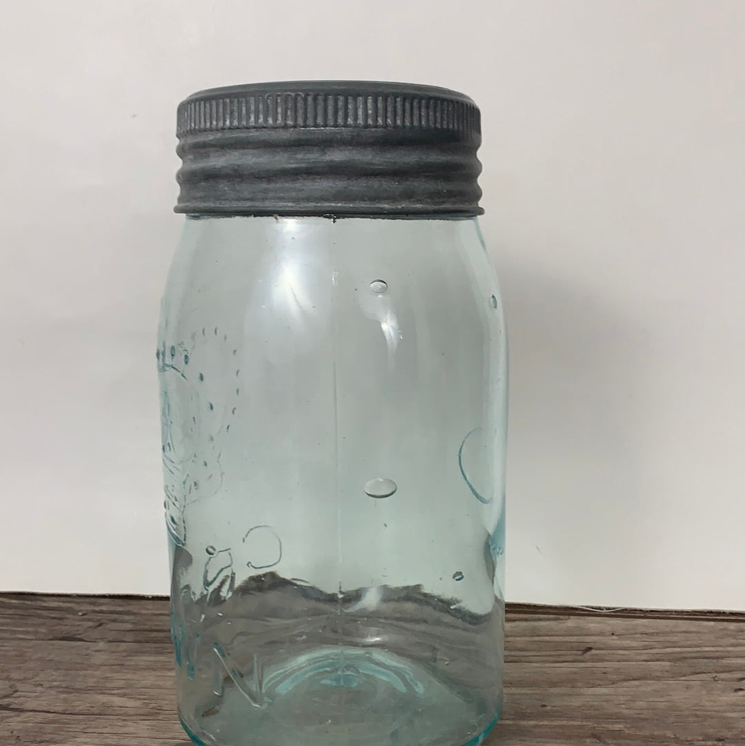 Aqua Blue Vintage Canning Jar Crown Canning Jar Quart Size, Vintage Farmhouse Decor, Dry Kitchen Storage
