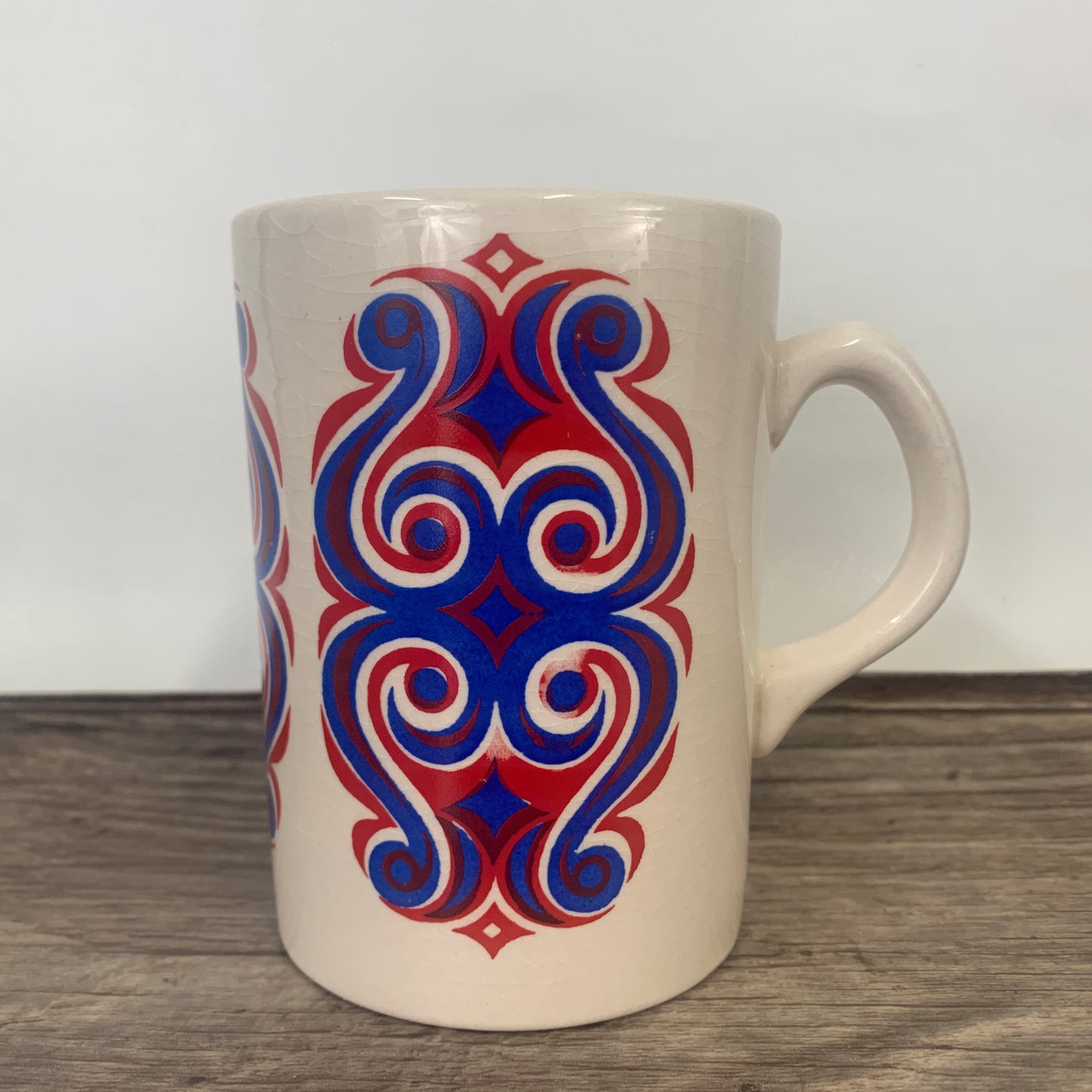 Staffordshire Potteries Tall Coffee Mug with Red and Blue Design
