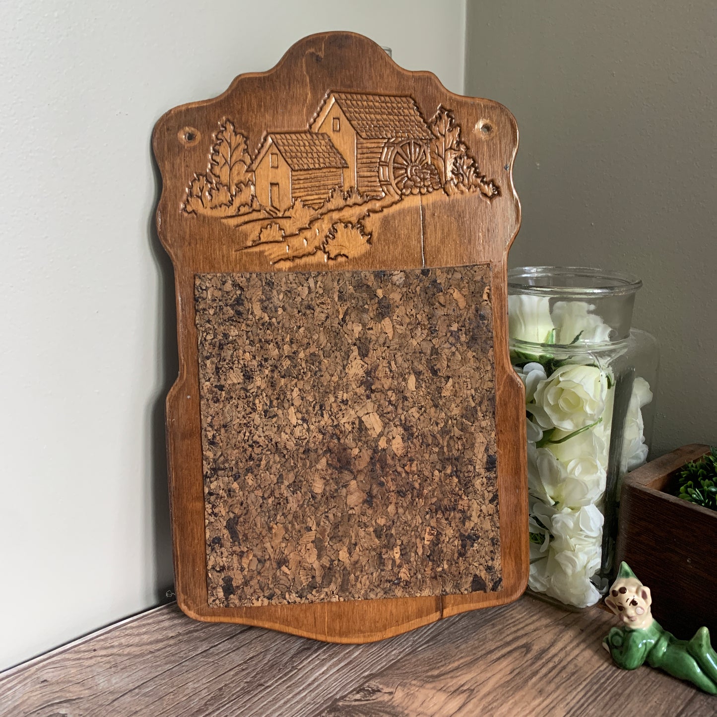 Wooden Cork Board, Wooden Bulletin Board with Carved Countryside Scene