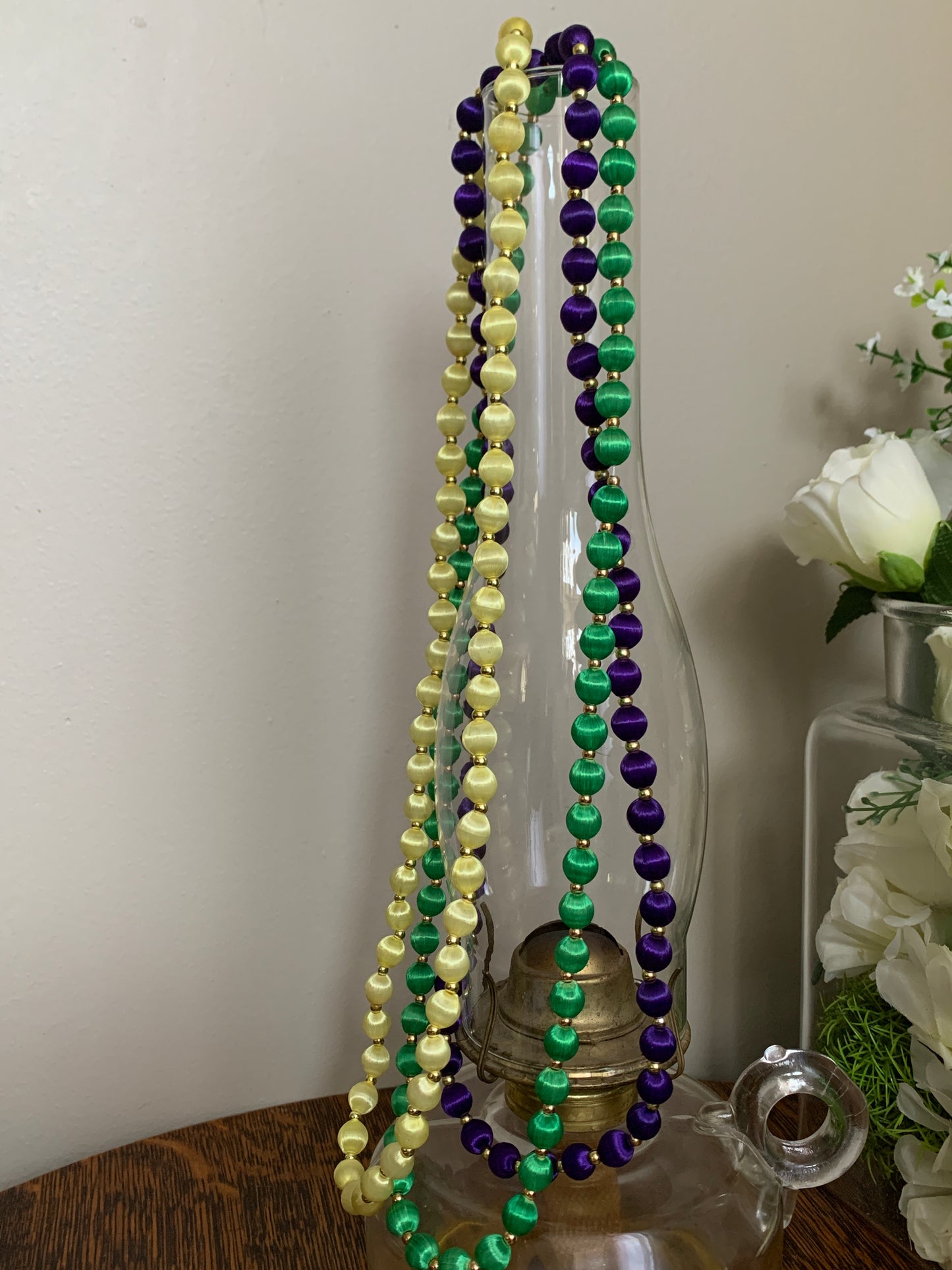 Set of 3 Satin Bead Necklaces Yellow Purple Green Cloth Covered Bead Necklaces