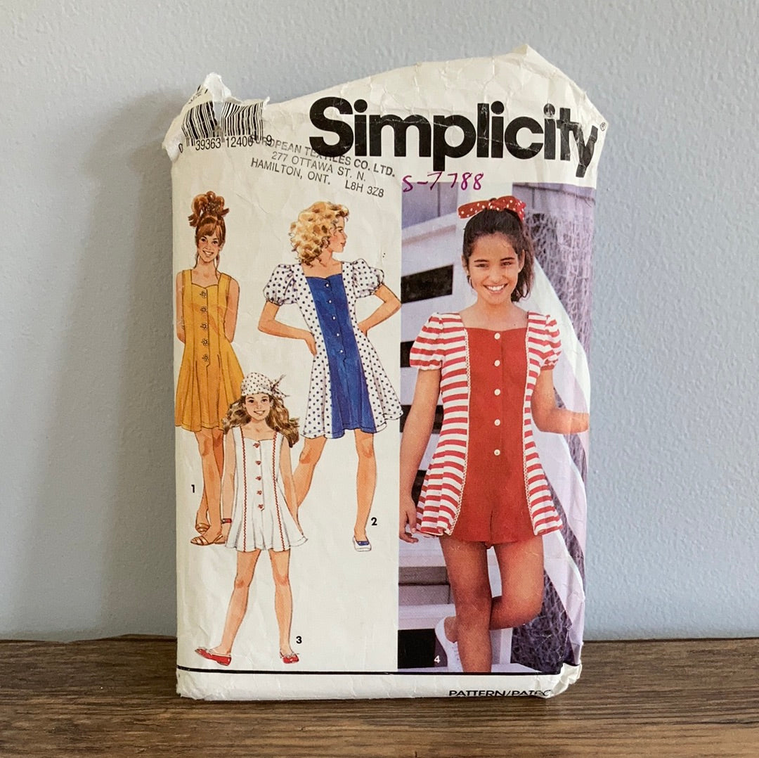 Girls Dress or Romper Sewing Pattern Size 7 to 10 Simplicity 7788