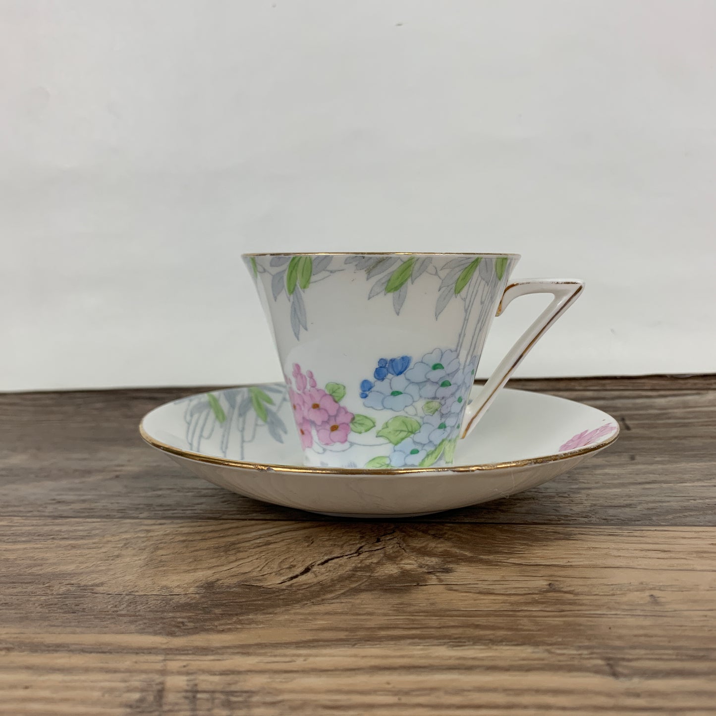 Antique Teacup and Saucer with Triangle Handle Paulette Pattern Standard China