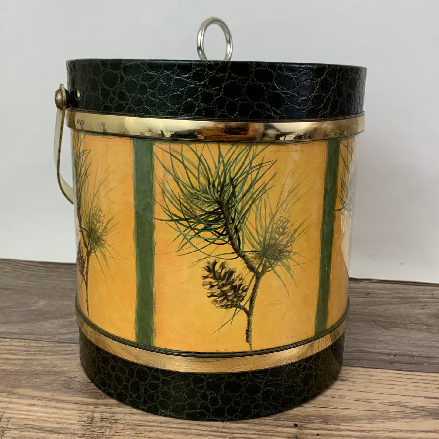 Vintage Ice Bucket with Pinecones, Green and Gold Ice Bucket
