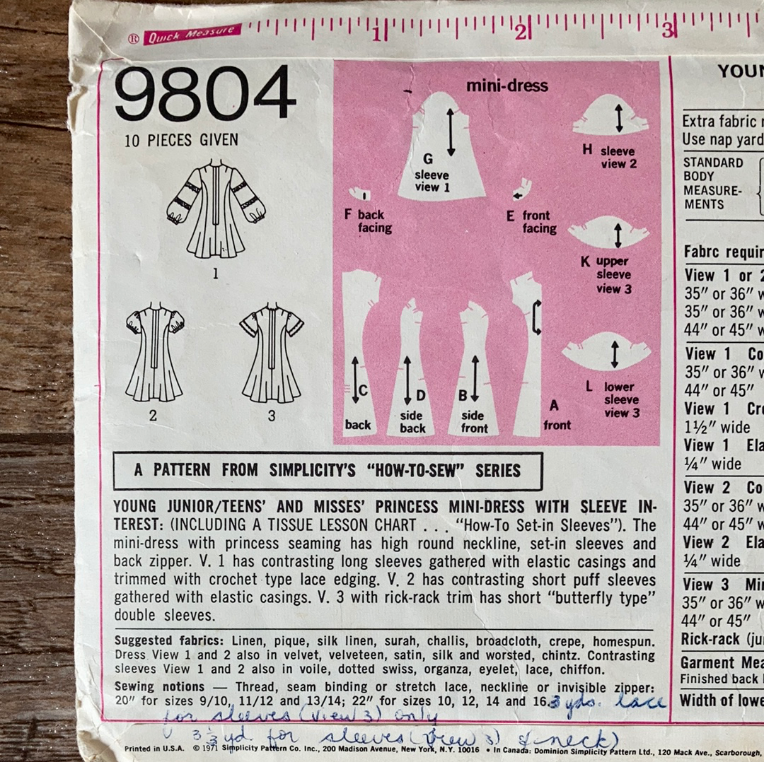 Juniors Teen Above Knee Dress with Short or Long Sleeves Vintage Sewing Pattern Size 11 to 12 Simplicity 9804