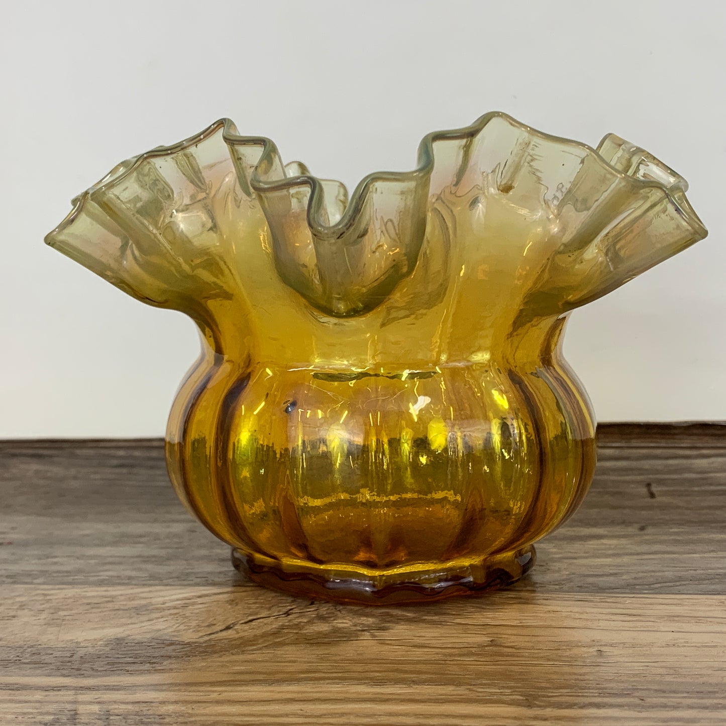 Vintage Carnival Glass Bowl with Crimped Rim, Amber Glass Ruffle Bowl