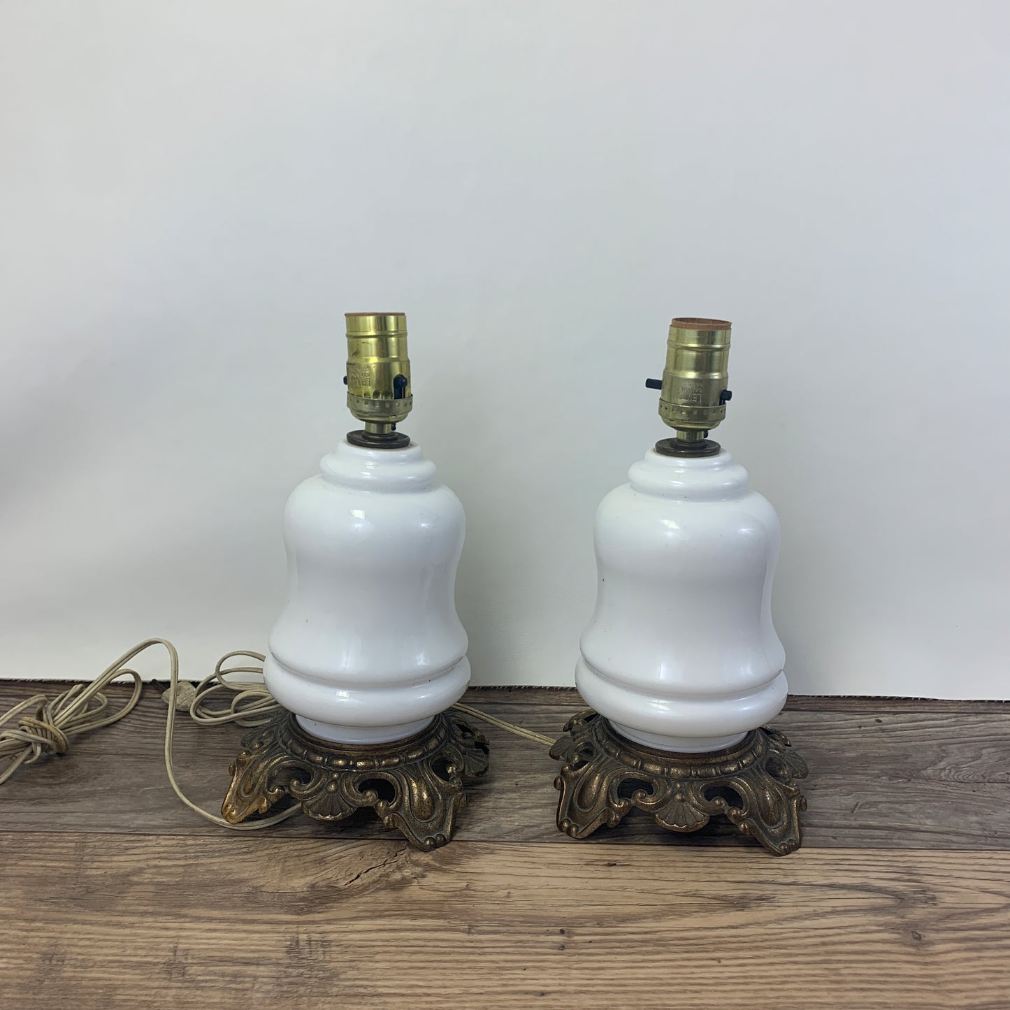 Pair of Milk Glass Table Lamps with Cast Metal Base