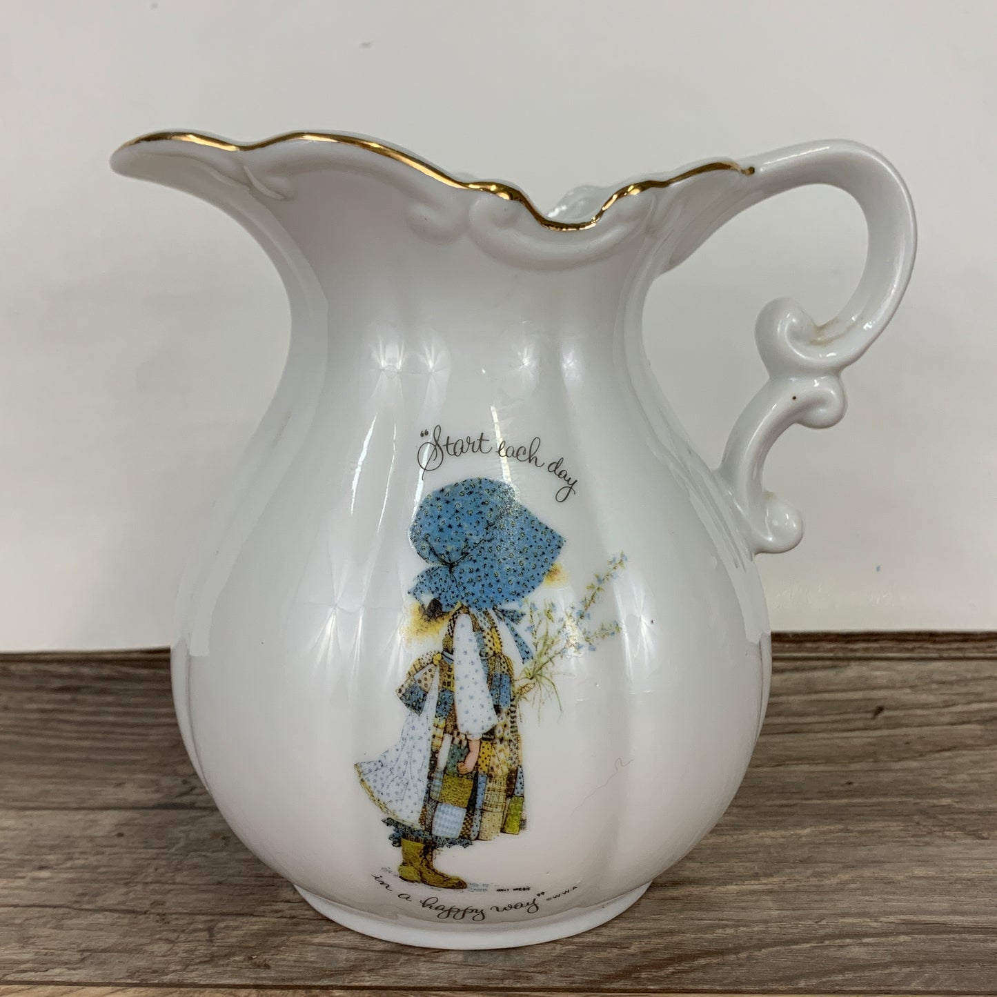 Holly Hobbie White Porcelain Pitcher "Start Each Day in a Happy Way"