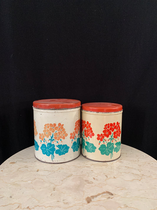 Vintage Tin Canister Set Yellow w/ Red Flowers Chippy Distressed Vintage Farmhouse Decor