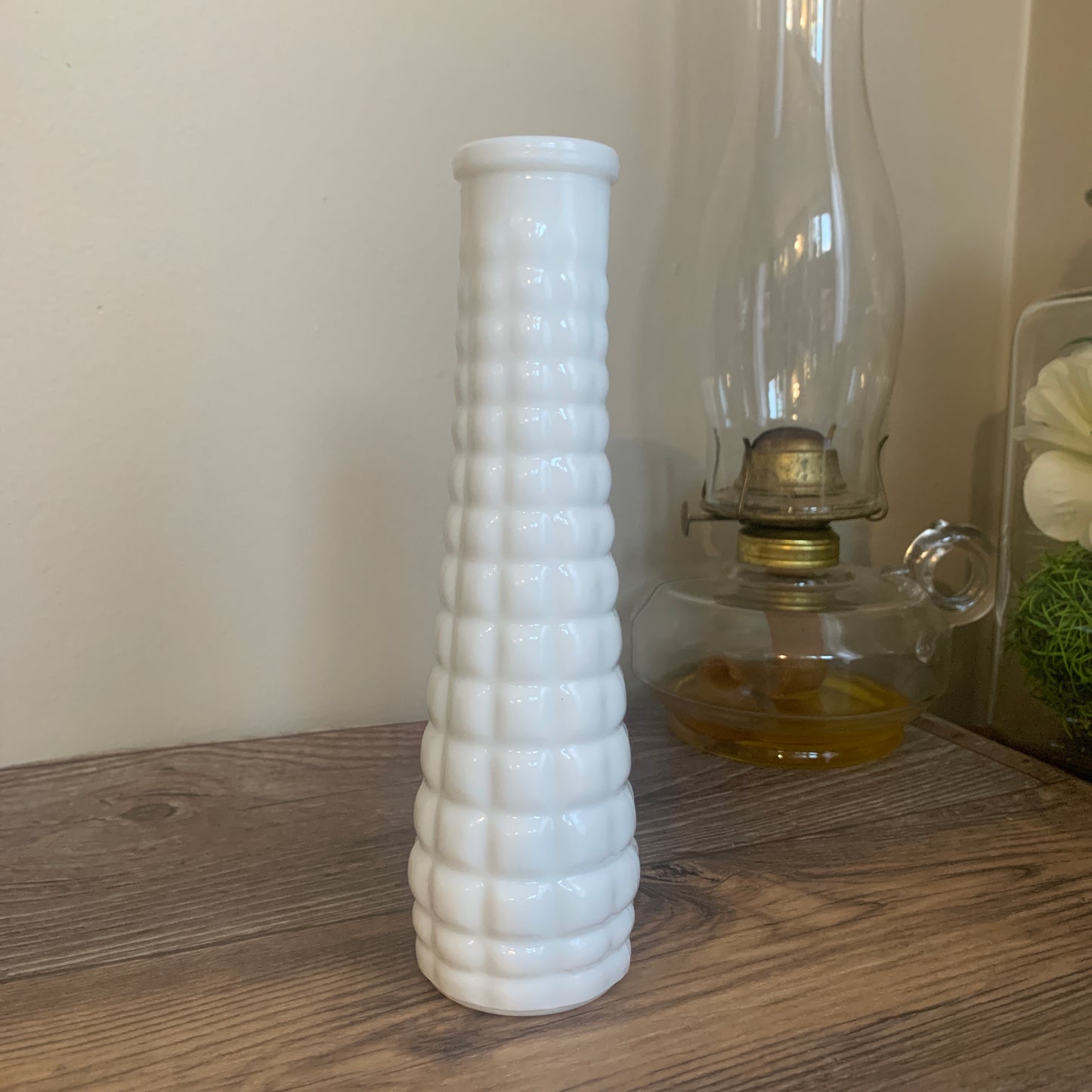 Milk Glass Bud Vase with Raised Waffle Pattern