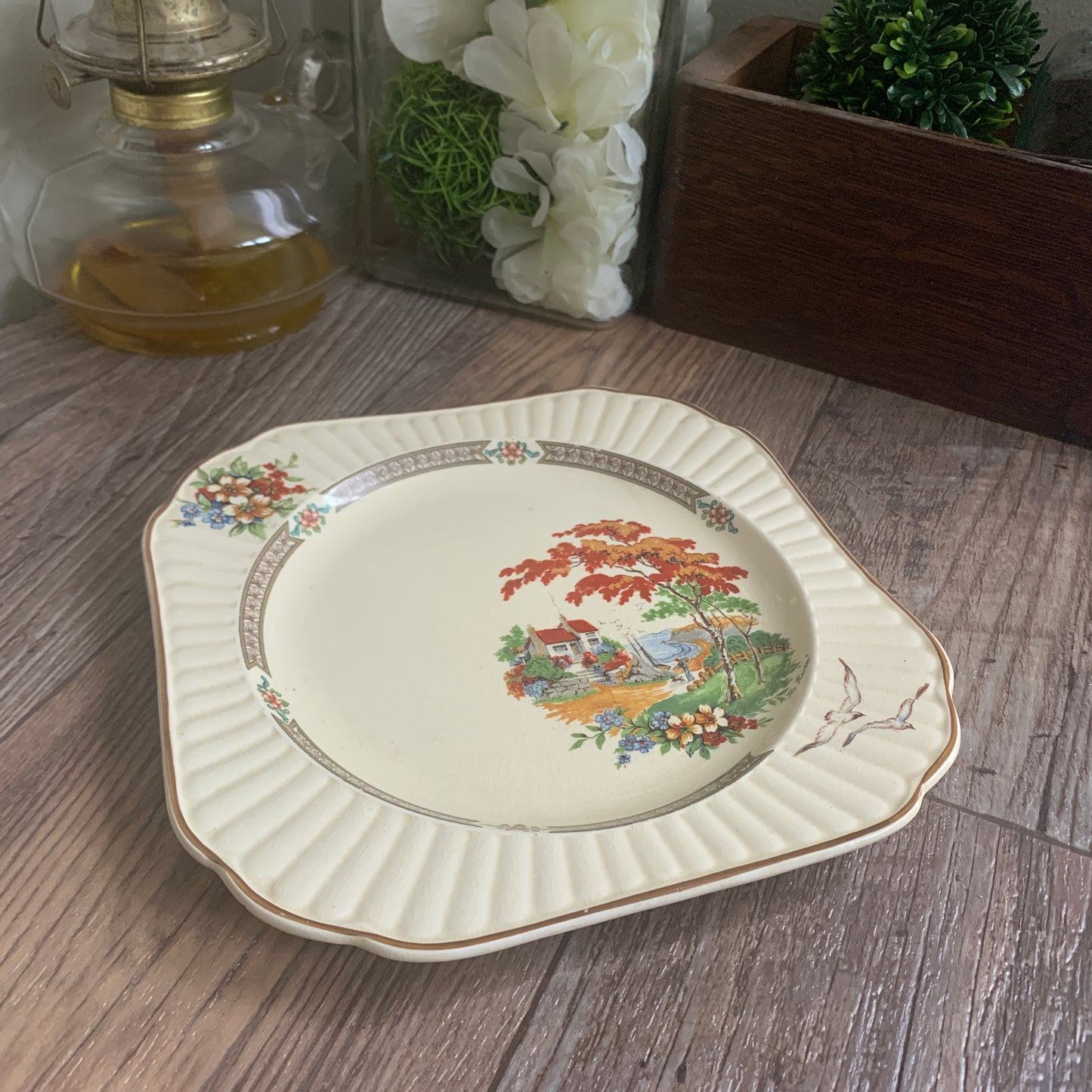 Booths China Plate with Garden Scene, Antique China Plate Vintage Farmhouse Decor