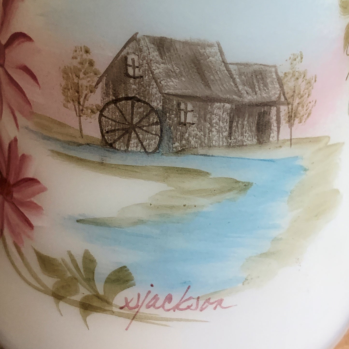 Fenton Hand Painted Glass Bell Saw Mill Music Box Signed S Jackson Satin Glass