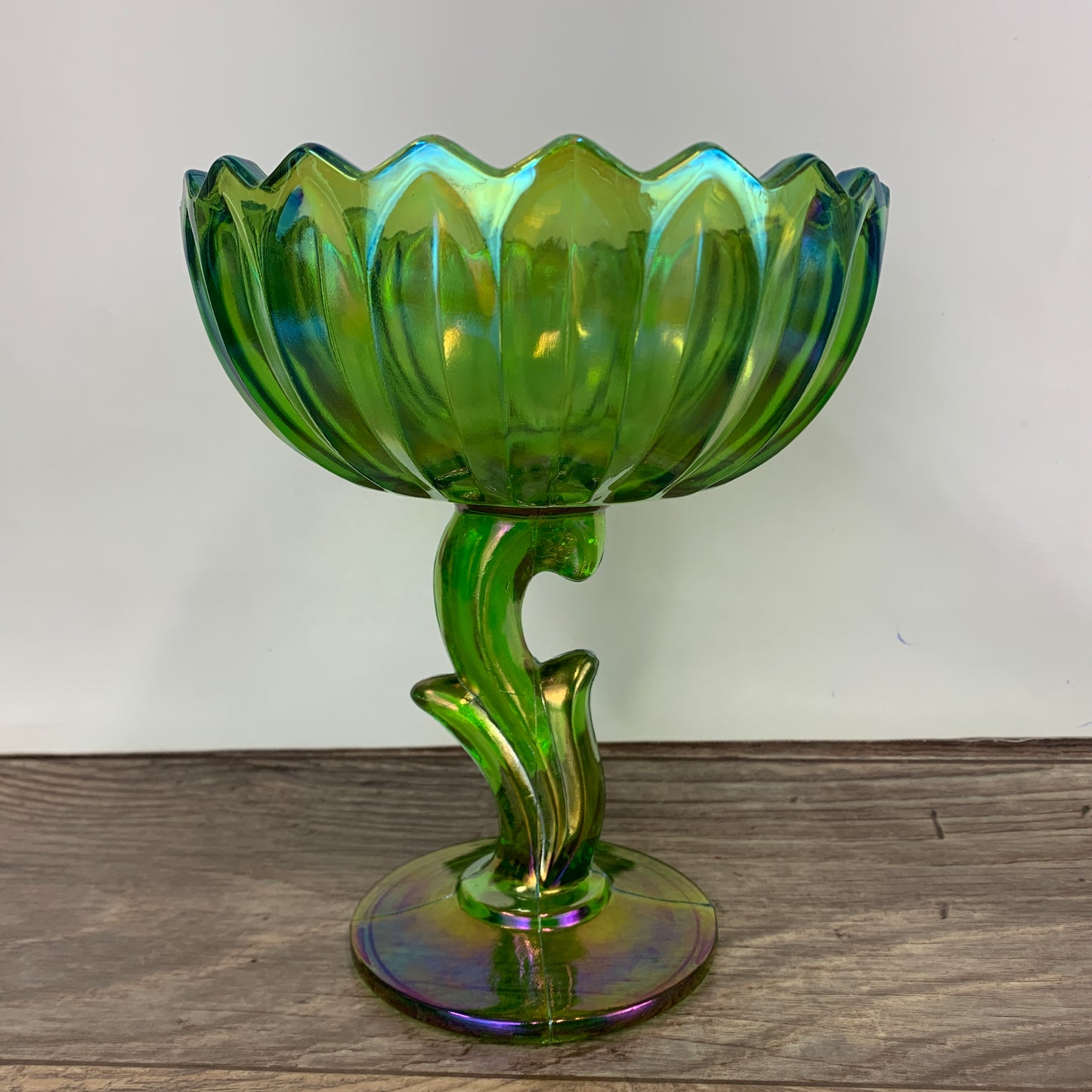 Indiana Lotus Green Carnival Glass Flower Shaped Pedestal Dish