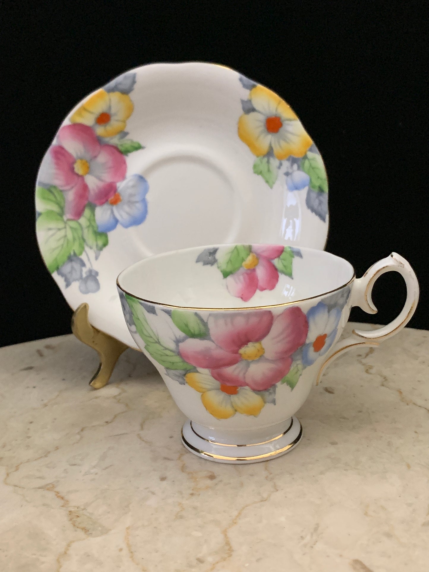 Hand Painted Blue, Pink, and Yellow Floral Tea Cup Bell China Vintage Teacup and Saucer