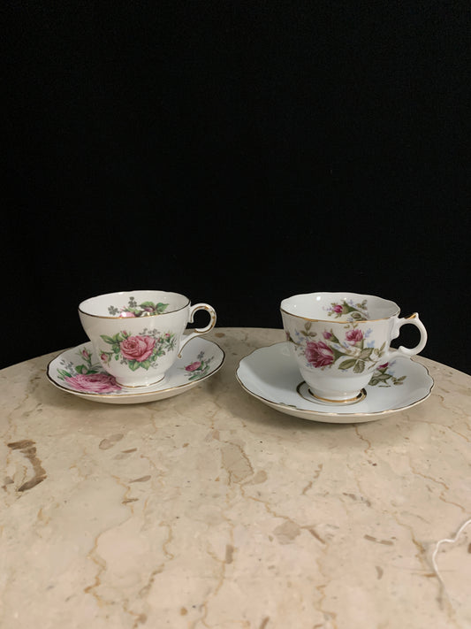 Pair of Mismatched Pink Floral Teacups Tea for Two Teacups with Pink Roses