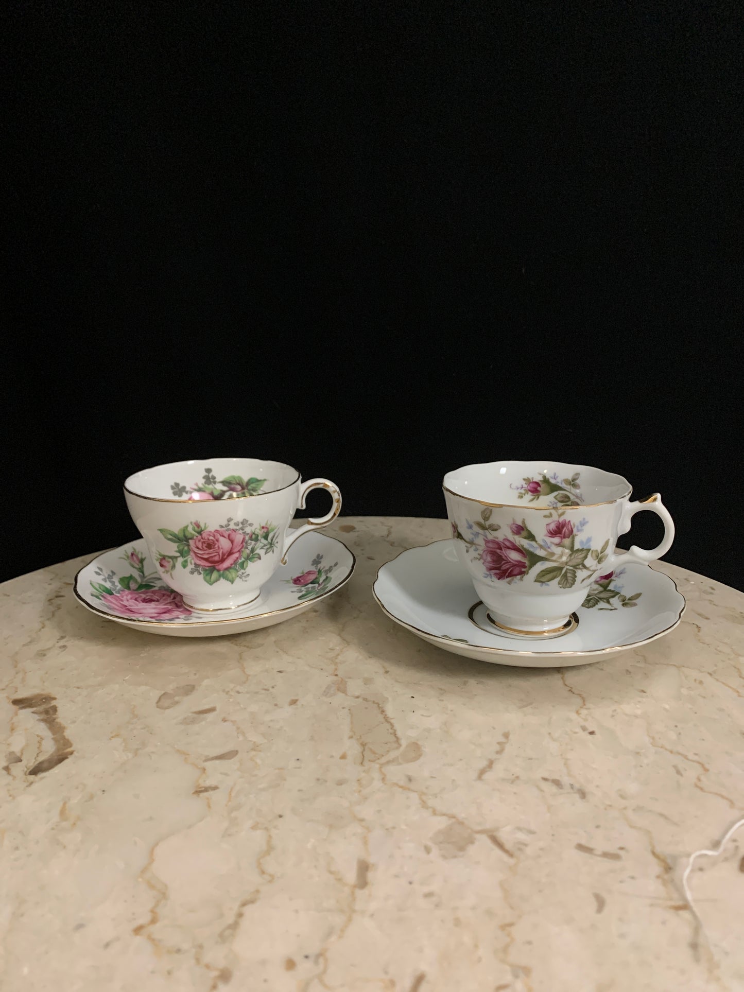 Pair of Mismatched Pink Floral Teacups Tea for Two Teacups with Pink Roses