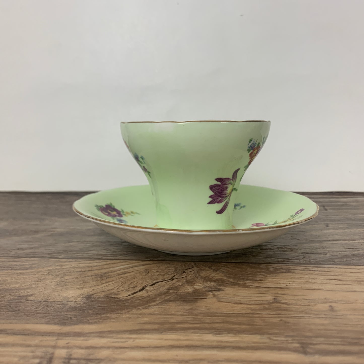 Vintage Green Floral Aynsley Teacup, Corset Shaped Teacup