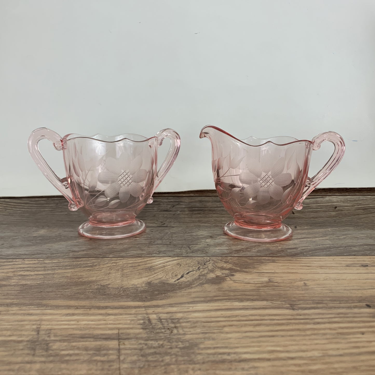 Blush Pink Depression Glass Cream Pitcher and Sugar Bowl Jubilee Pattern Lancaster Glass Company