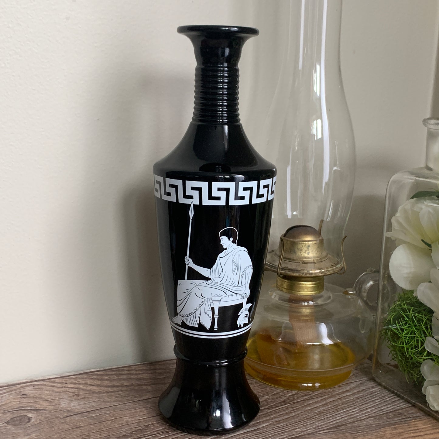 Vintage Black Milk Glass Bottle with Roman Appliqué