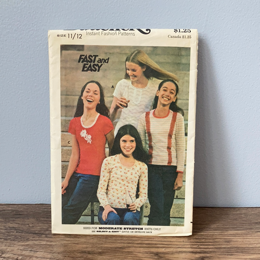 Girls Top with Short or Long Sleeves Vintage Sewing Pattern Size 11 to 12 Butterick 4121