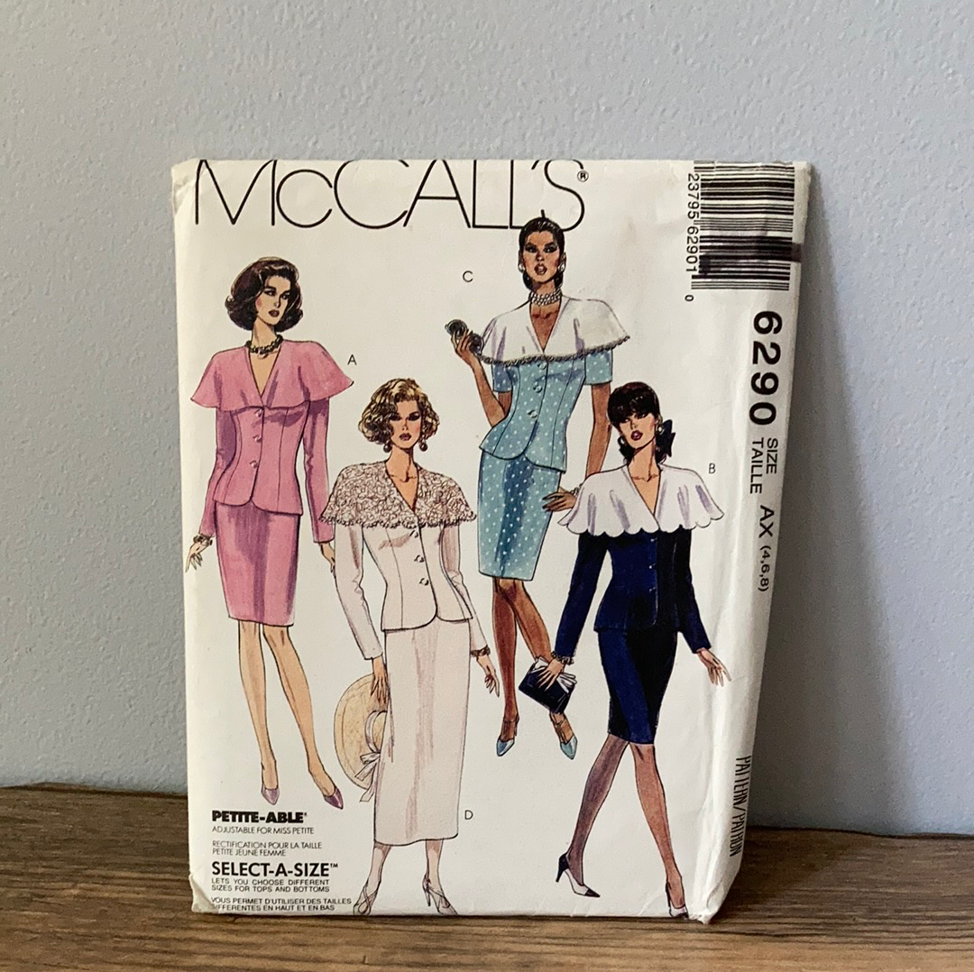 Misses Two Piece Suit Dress with Cape Collar and Shoulder Pads 1990s Sewing Pattern Size 4 to 8 McCall's 6290