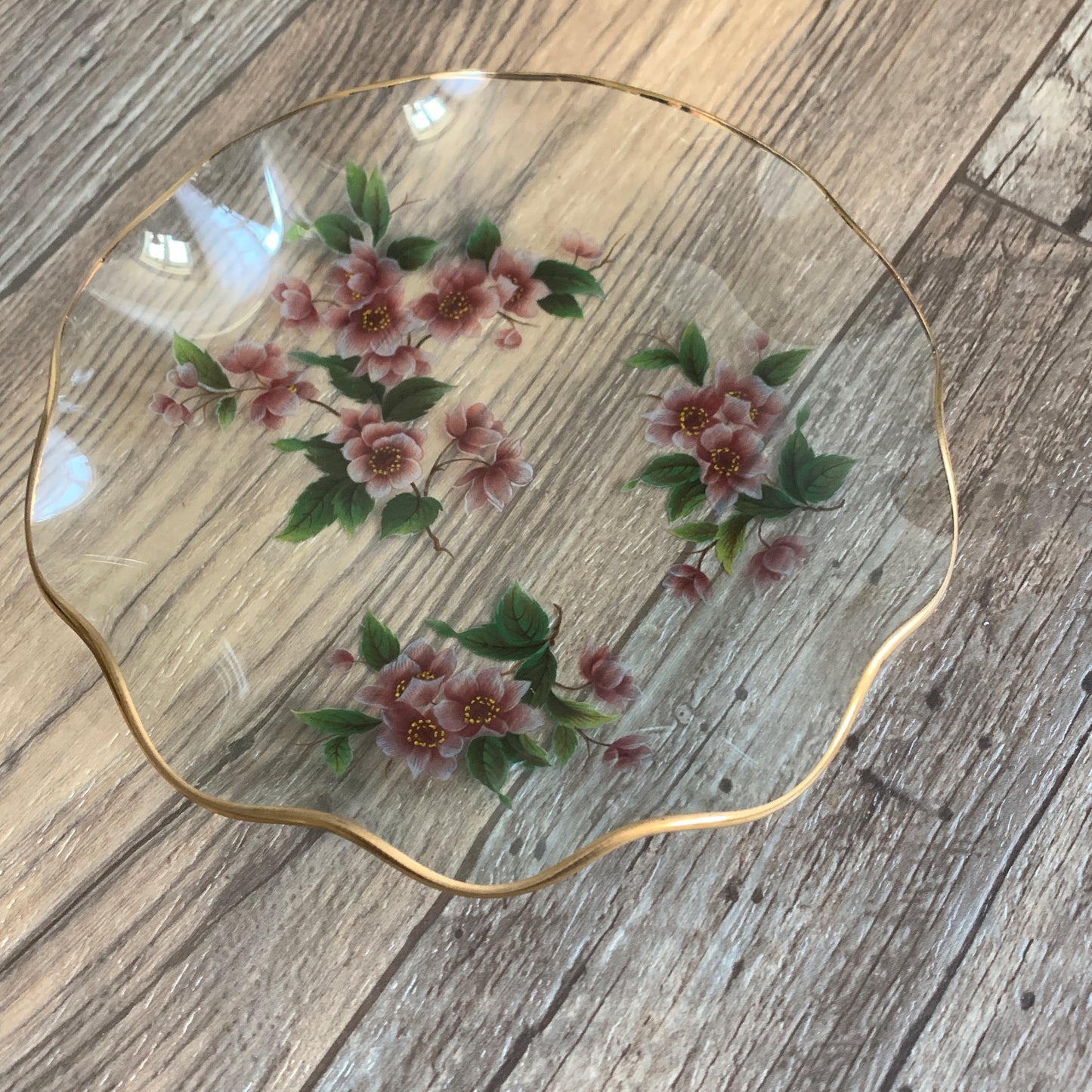 Pink Floral Dresser Dish, Small Plate with Ruffled Edge,