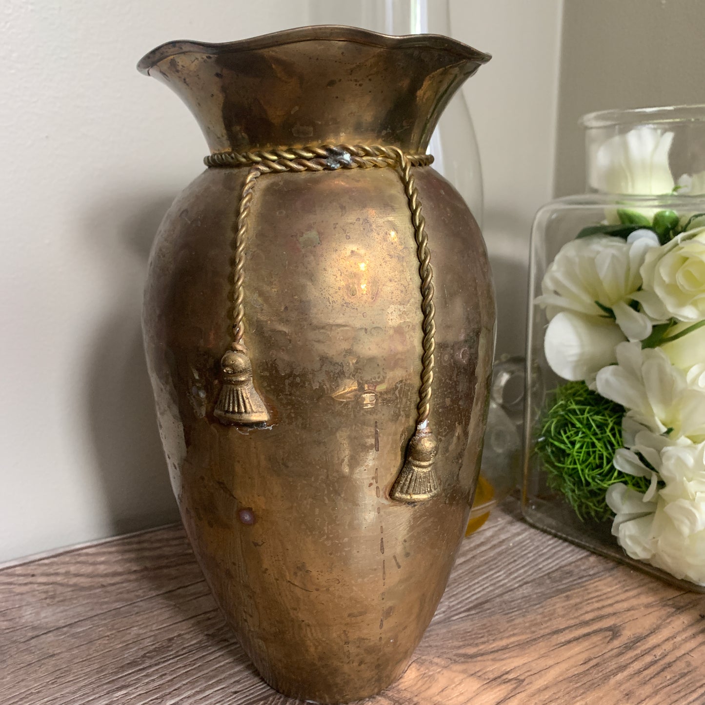 Tall Brass Vase with Tassels, Vintage Brass Planter
