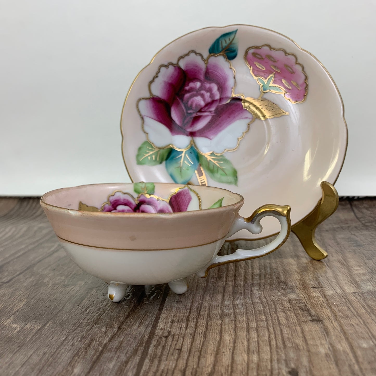 Trimont China Hand Painted Demi Tasse Cup Hand Painted Teacup and Saucer Hand Painted Pink Teacup