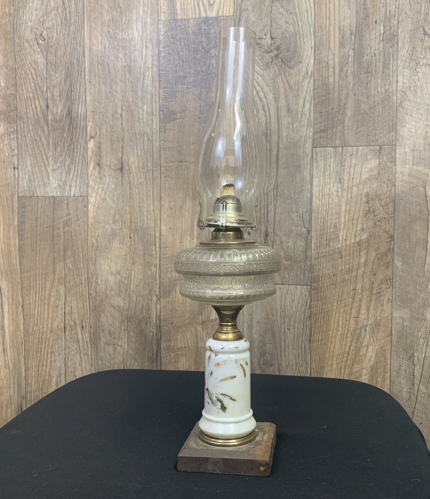 Antique EAPG Oil Lamp Hand Painted Milk Glass Pedestal Early American Pressed Glass, White Flame Burner