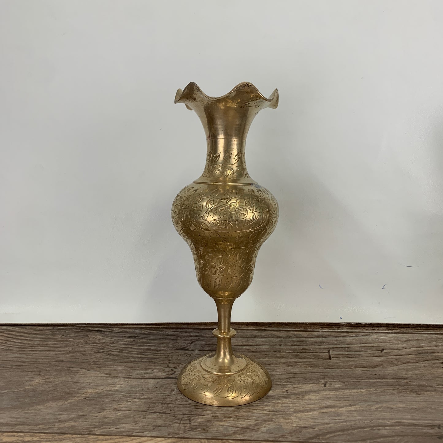 Tall Brass Vase with Etched Leaf Design