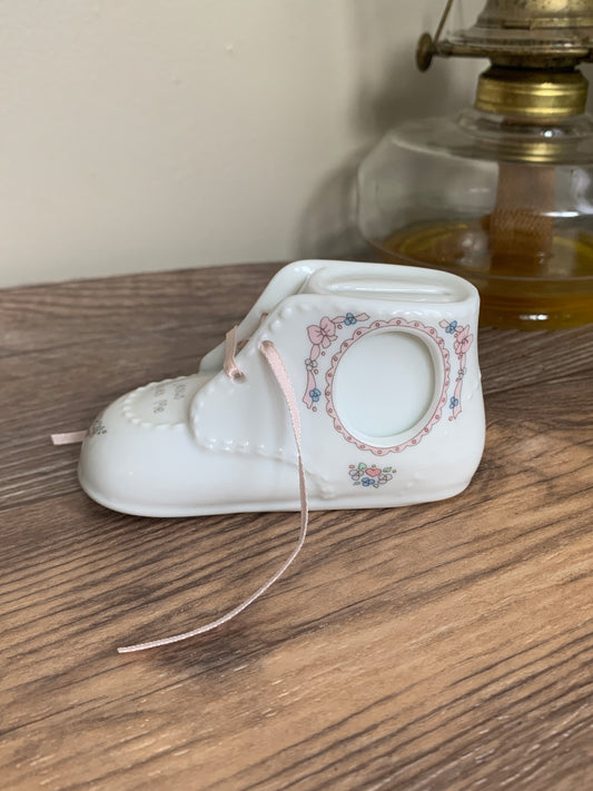 Precious Moments Baby Bootie Bank and Picture Frame 1990s Enesco Shower Gifts Vintage Nursery