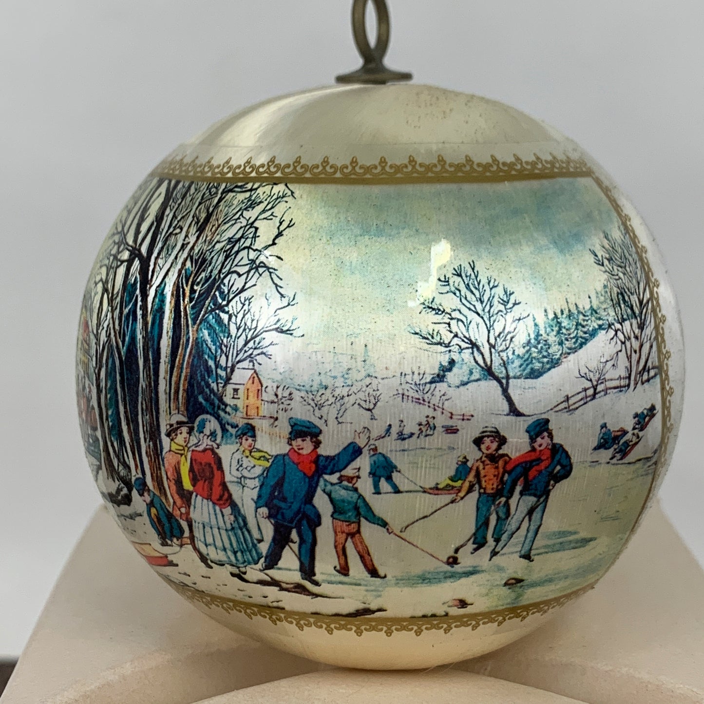 Vintage Satin Christmas Ornament with Winter Skating Scene