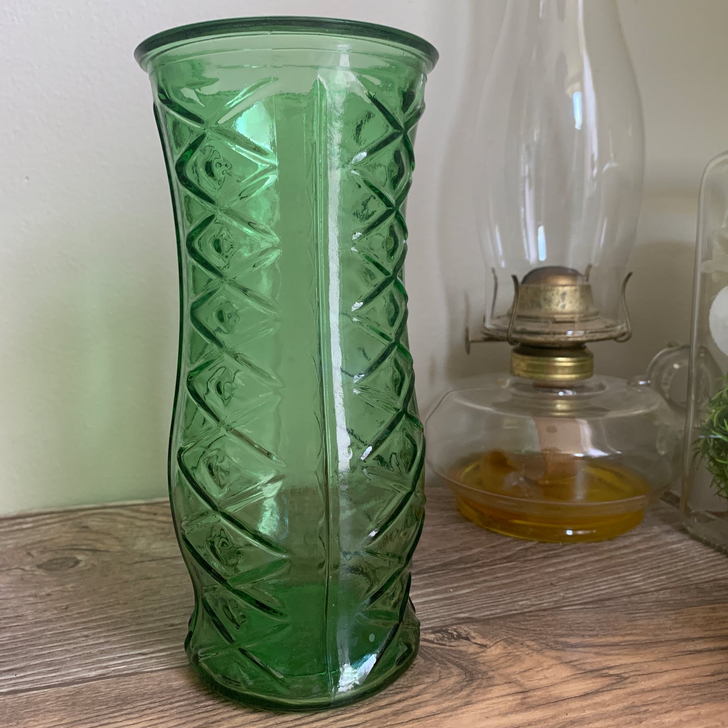 Tall Green Glass Vase with Stacked Diamond Pattern