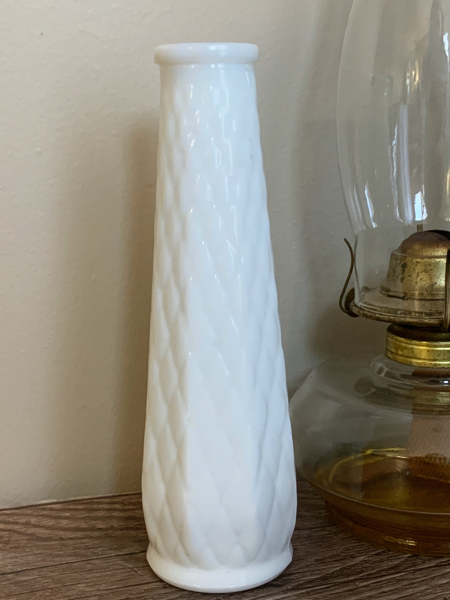 White Milk Glass Vintage Vase with Diamond Waffle Pattern Vintage Farmhouse Decor Housewarming Gifts