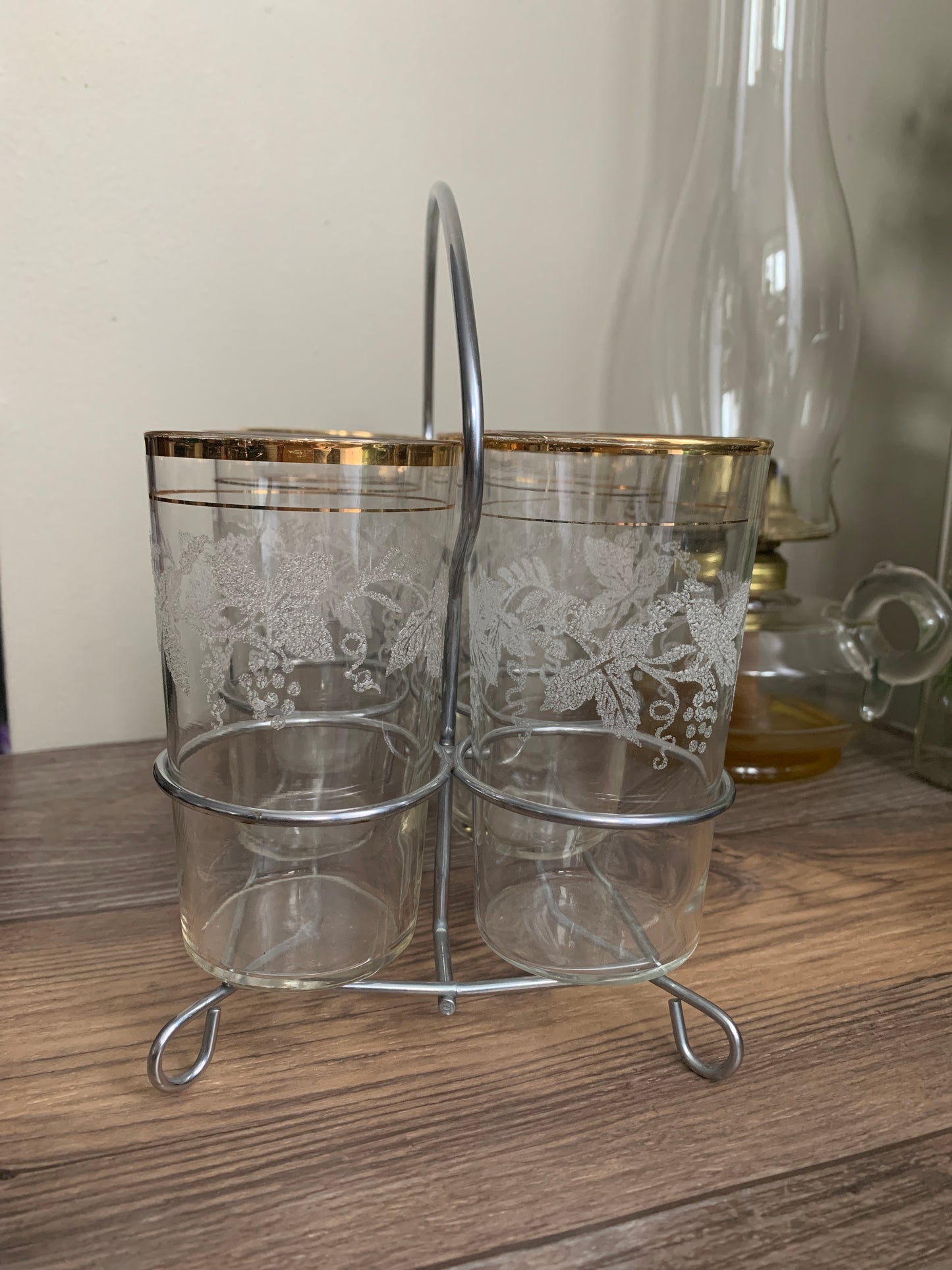 Vintage Cocktail Glasses in Wire Caddy with Frosted Grapevine Pattern Gold Trim Vintage Barware