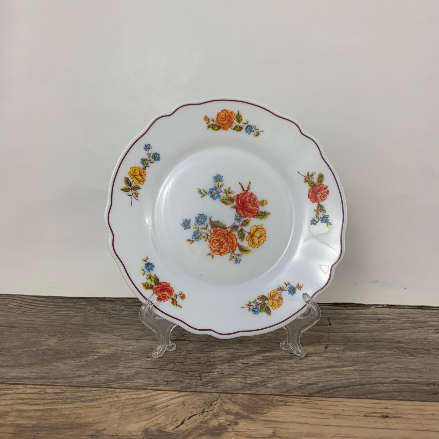 Acropal France 7.5" Salad Plate Milk Glass Plate with Orange and Blue Floral Pattern