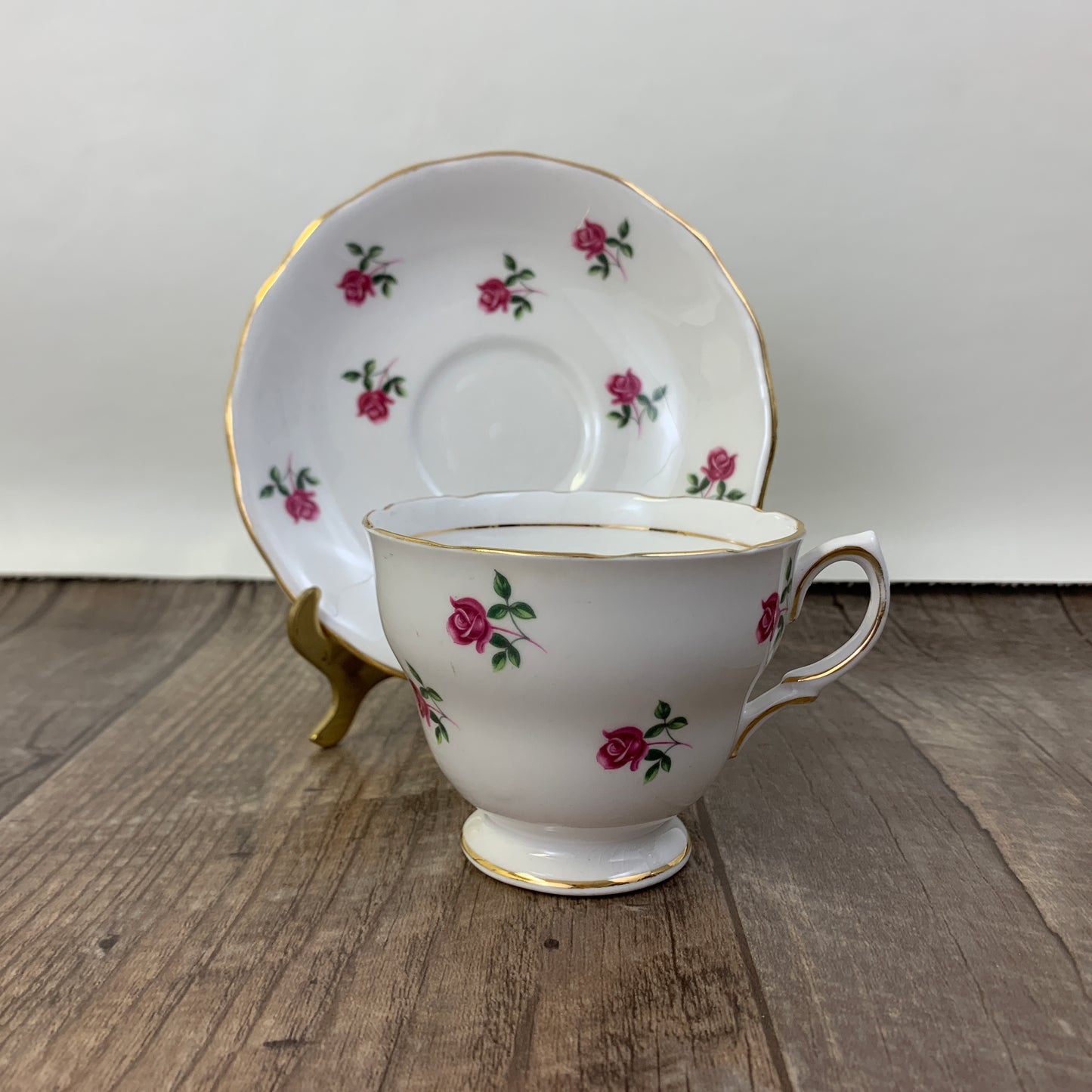 White Teacup with Tiny Pink Roses Vintage Tea Cup and Saucer Set
