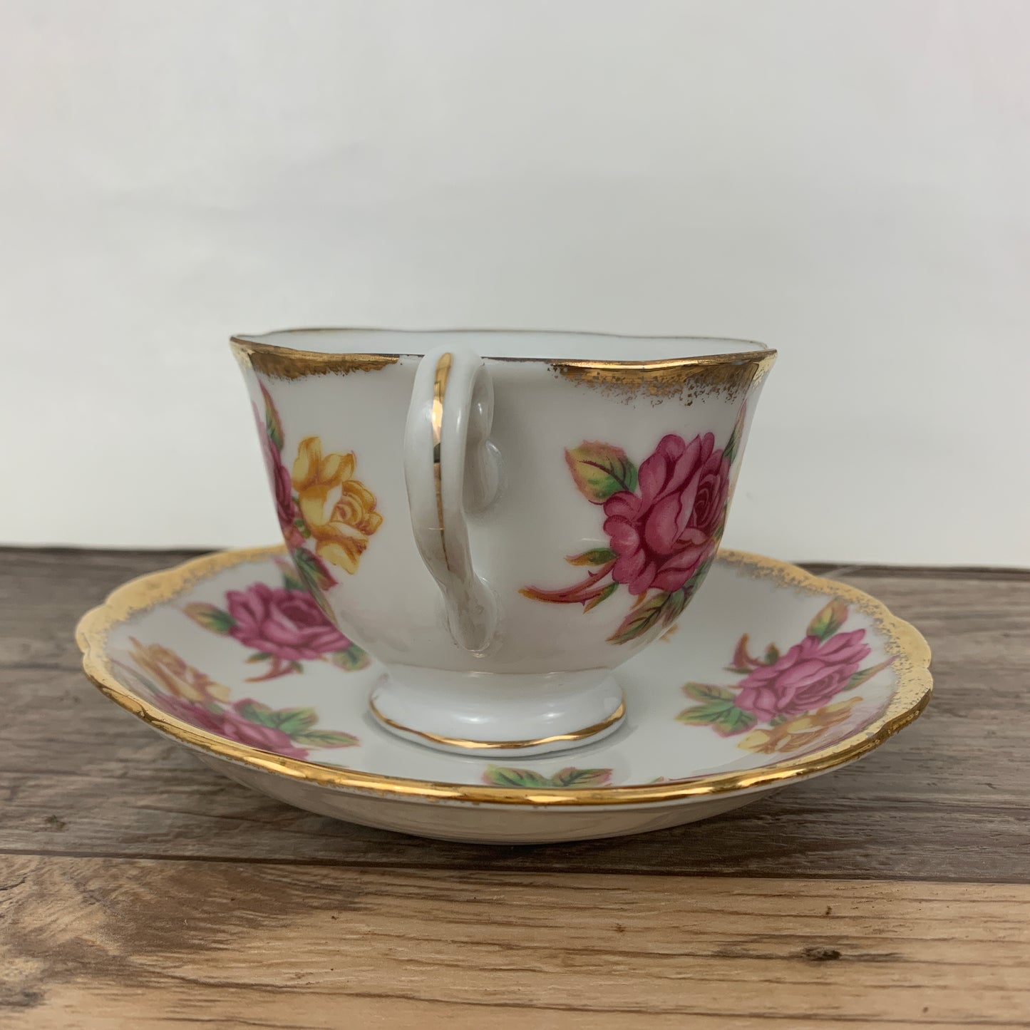Vintage Teacup and Saucer w/ Pink and Yellow Roses and Gold Trim Made in Japan