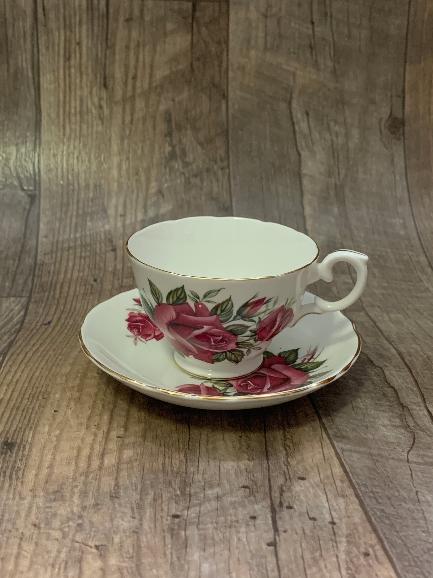 Vintage Tea Cup with Red Roses Staffordshire White Teacup with Red Roses