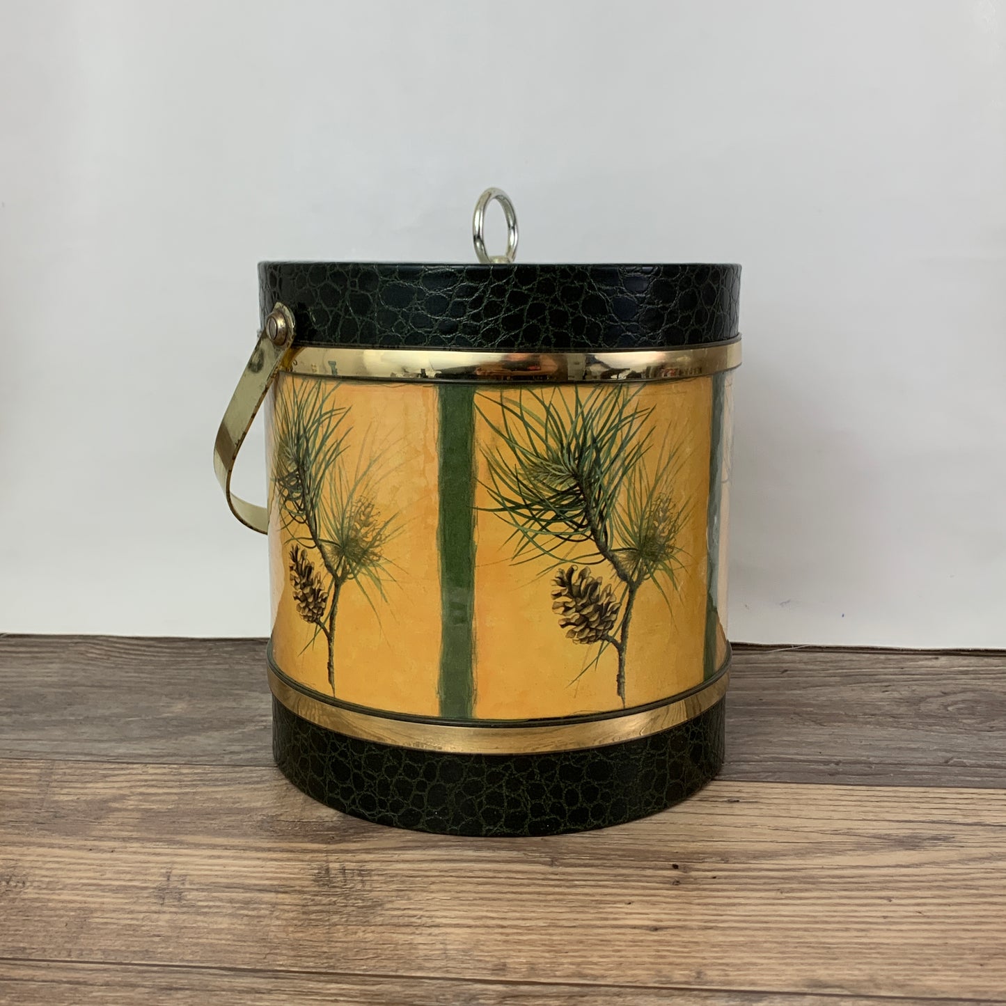 Vintage Ice Bucket with Pinecones, Green and Gold Ice Bucket