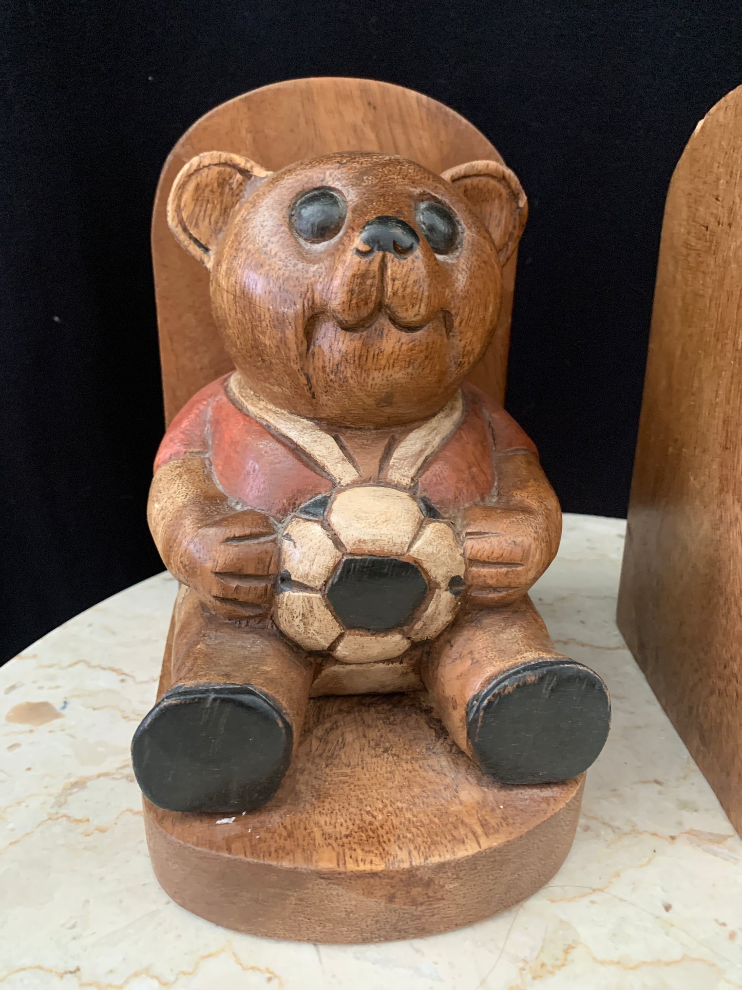 Vintage Wooden Bookends Bear with Soccer Ball