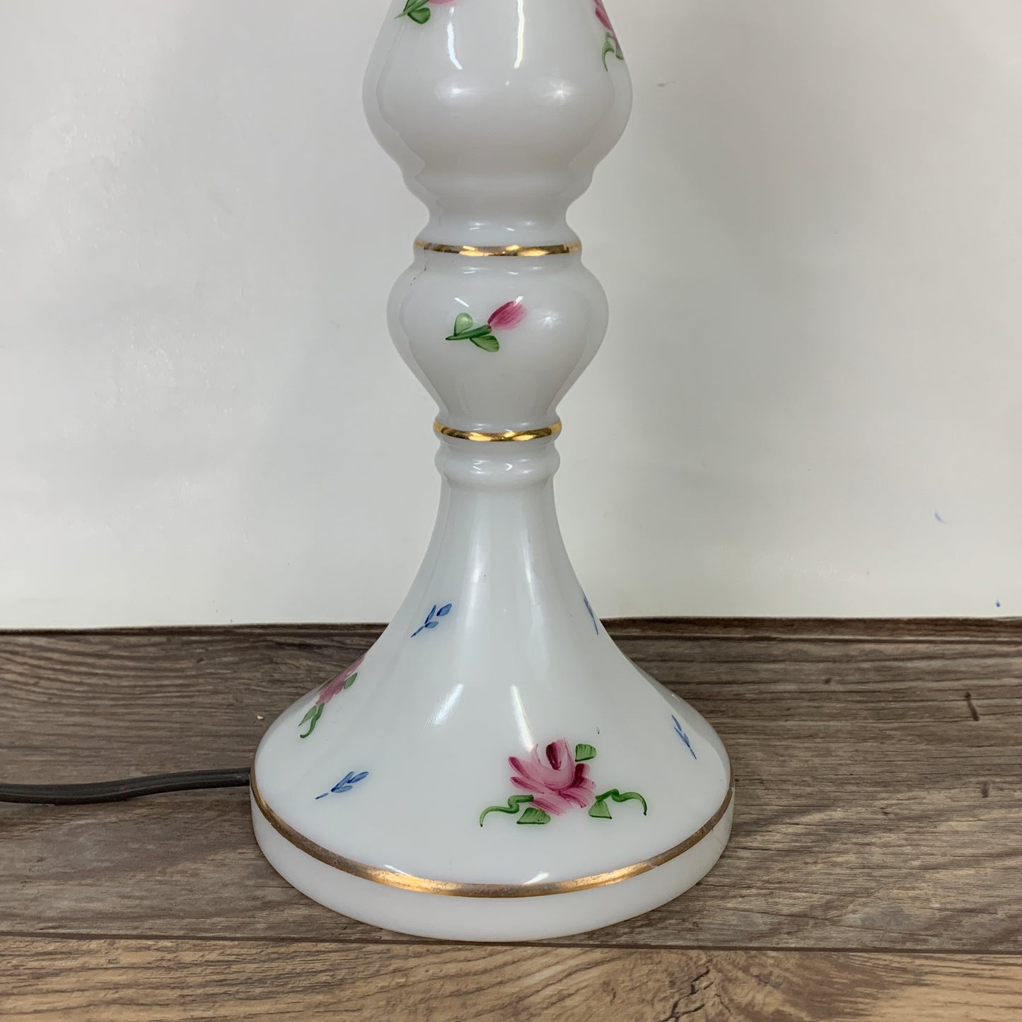 Vintage Milk Glass Table Lamp with Hand Painted Floral Design