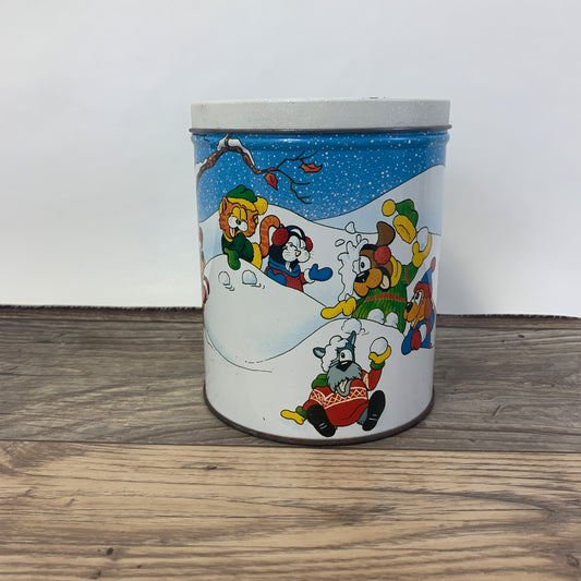 Vintage Christmas Tin with Cartoon Animals Playing in the Snow