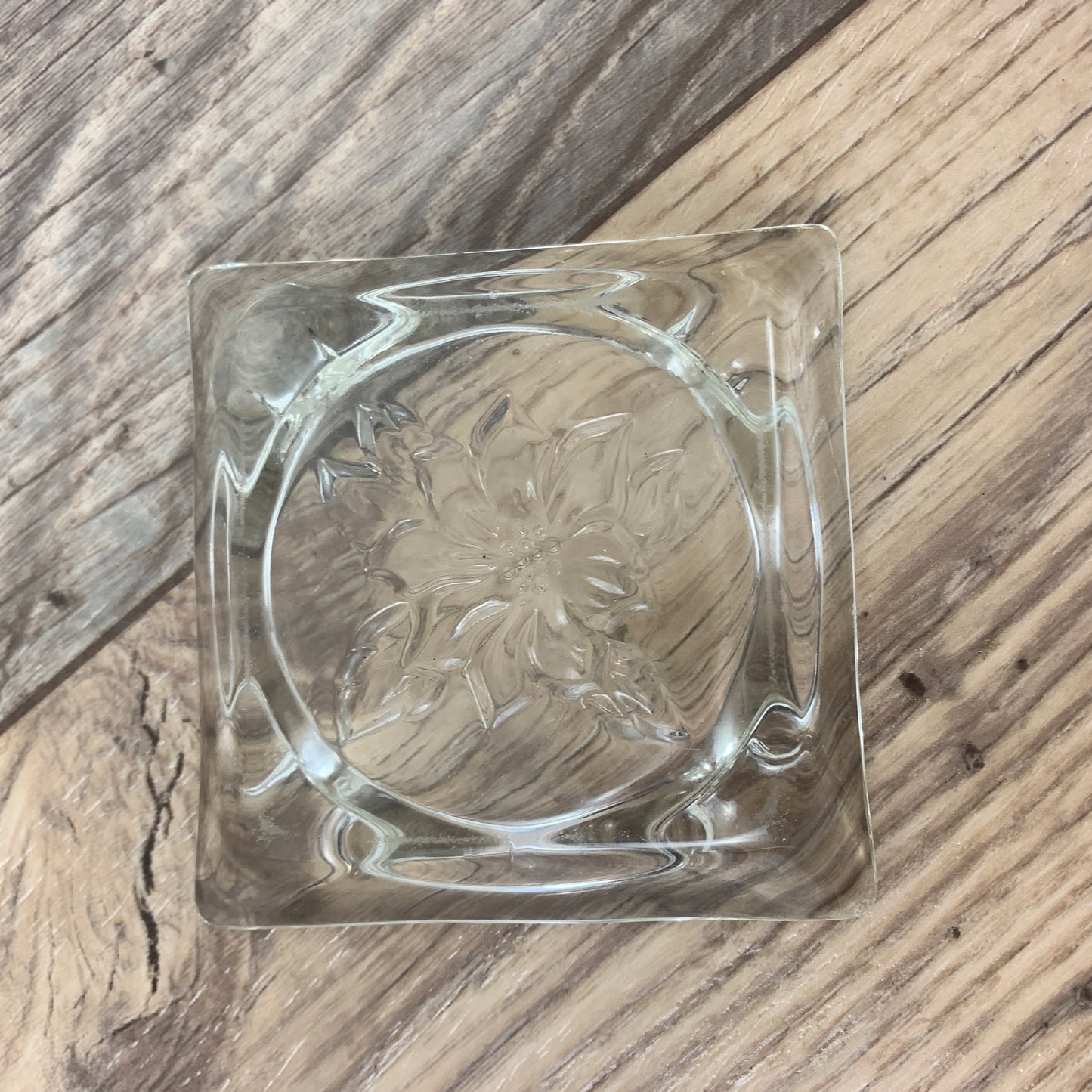 Small Pressed Glass Ashtray with Flower