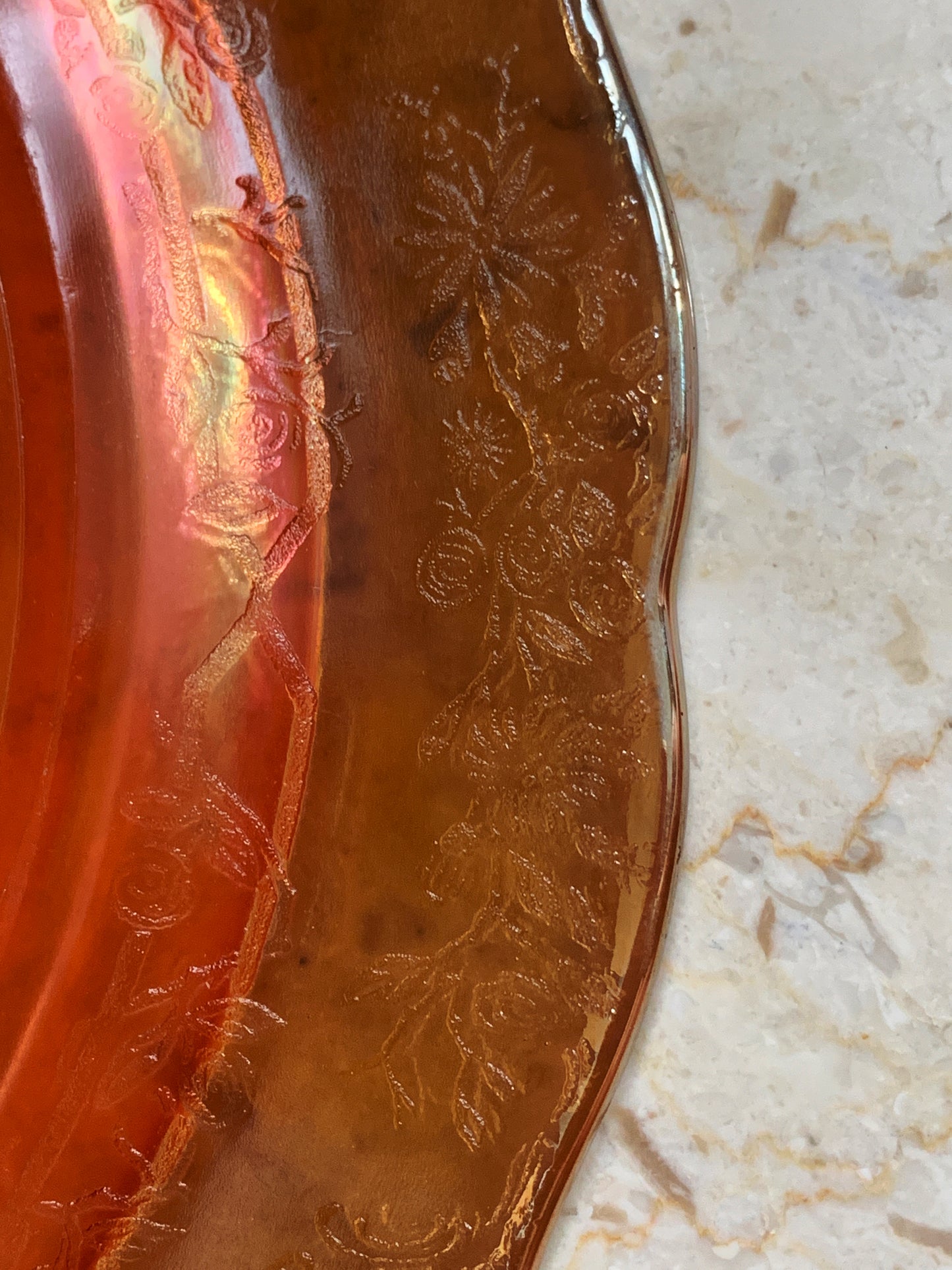 Amber Carnival Glass Bouquet and Lattice Grill Plate, Federal Glass Normandie Grill Plate, Pressed Glass Divided Dish