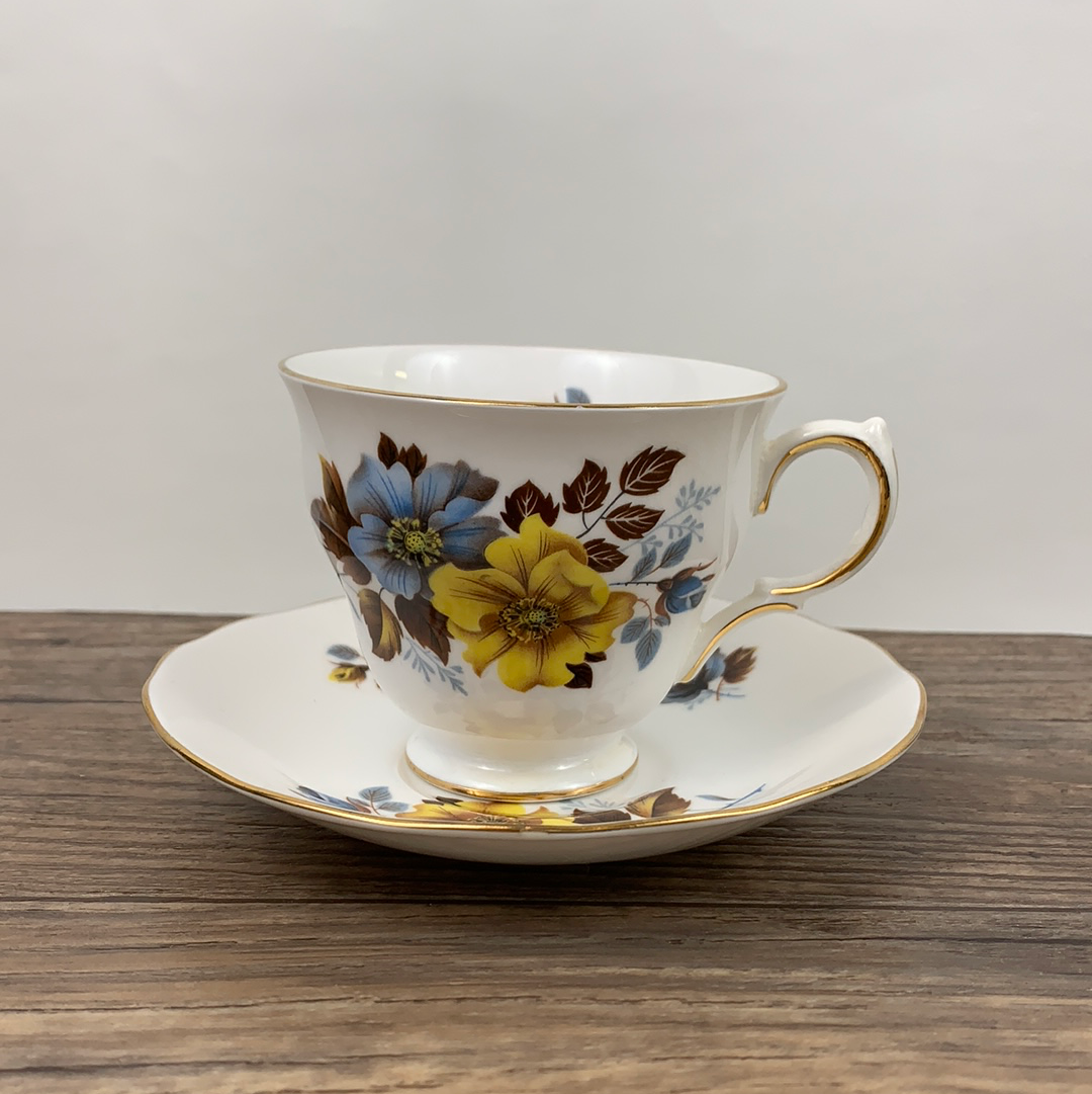 Vintage Floral Teacup Yellow and Blue Pattern Royal Vale Vintage English Tea Cup