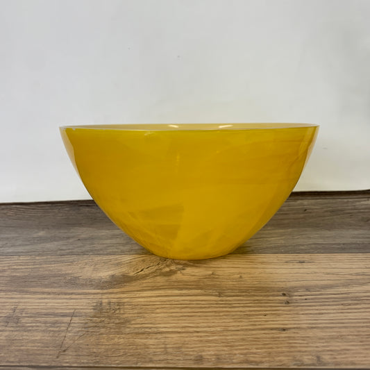 Vintage Blown Glass Bowl, White Swirl Blown Glass with Yellow Flash