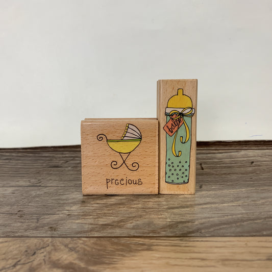 Baby Bottle and Carriage Lot of 2 Rubber Stamps for Scrap Booking and Paper Crafts