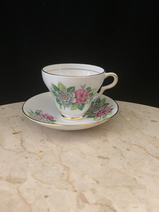 Pink and White Floral Tea Cup and Saucer Set Clare China Vintage Teacup