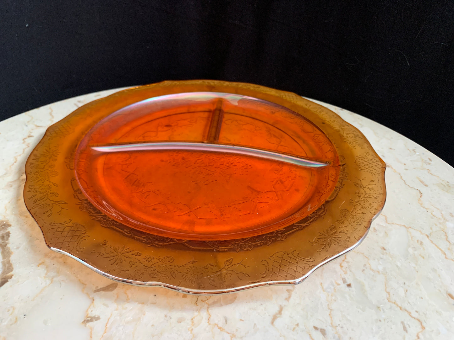 Amber Carnival Glass Bouquet and Lattice Grill Plate, Federal Glass Normandie Grill Plate, Pressed Glass Divided Dish